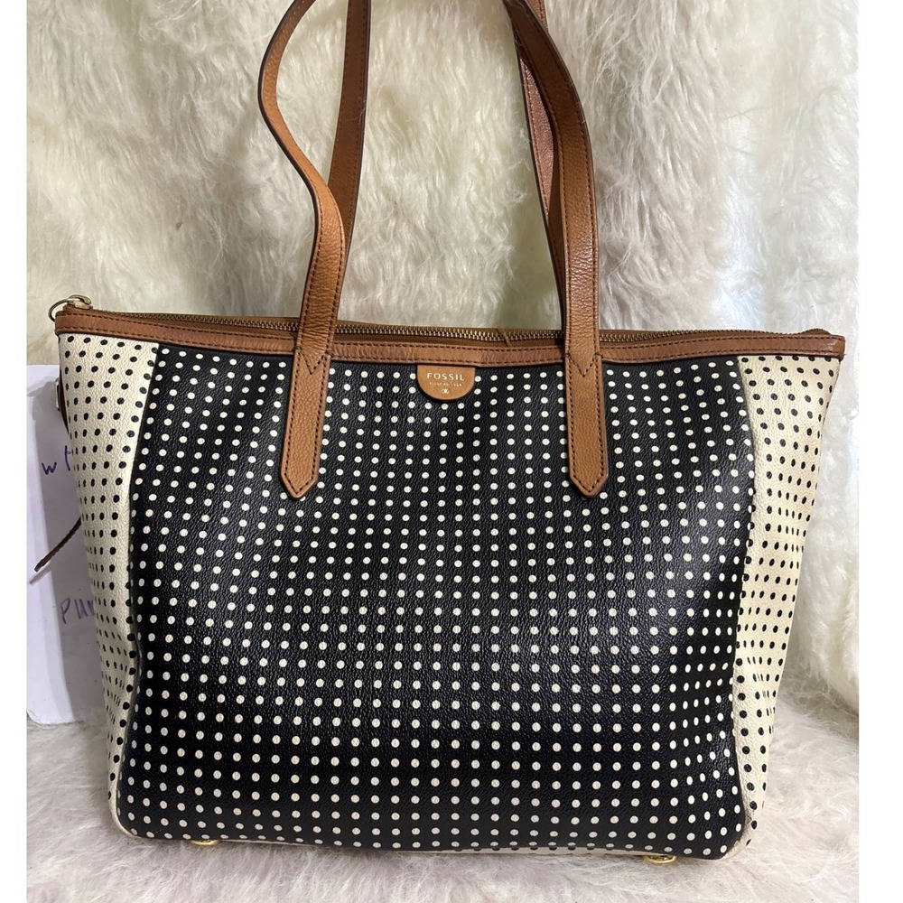 Fossil Tote Bag Women Large Polka Dot Black Cream Tan Leather Trim Purse